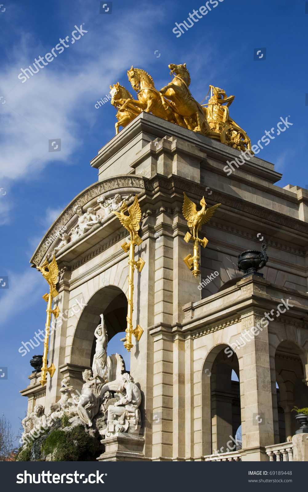 Fountain With Golden Statues In Ciutadella Park In Barcelona Stock