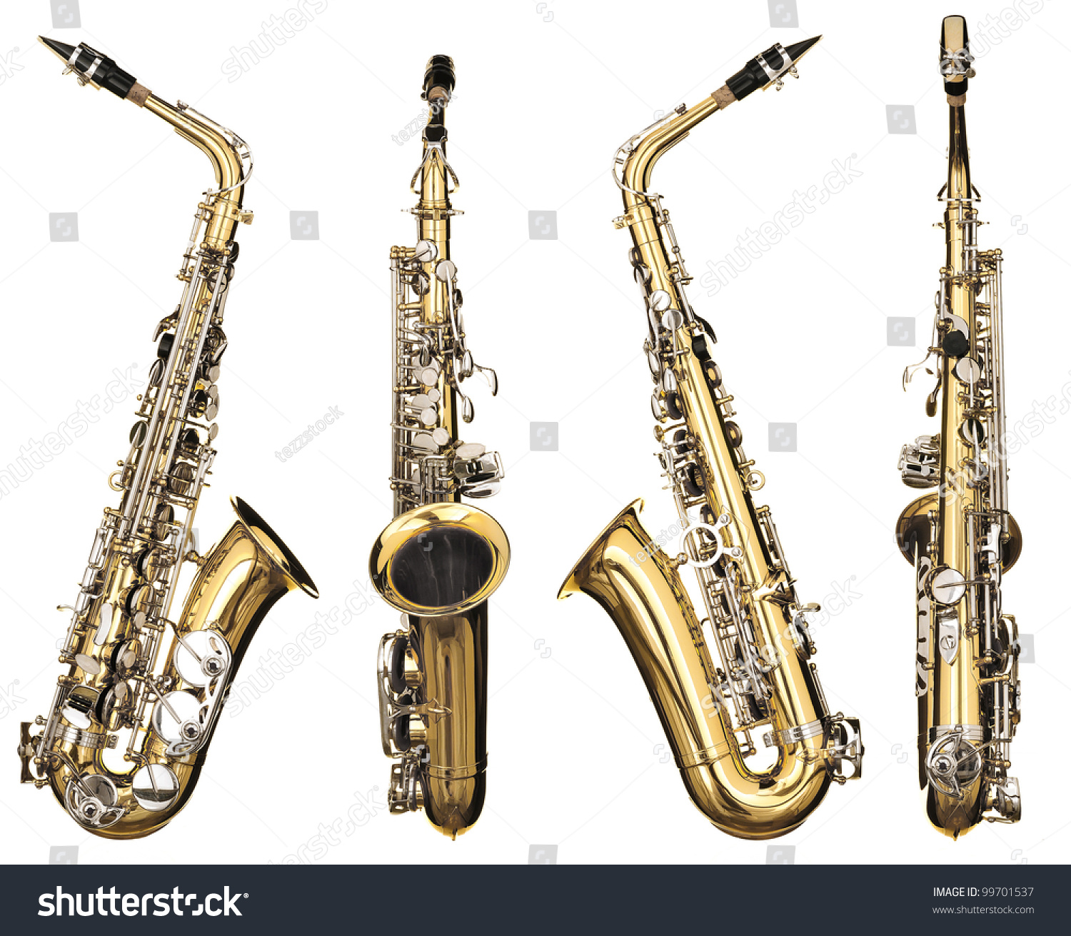 Four Angles Of A Classical Alto Saxophone Woodwind Instrument Stock