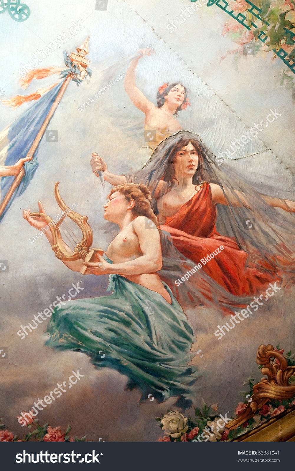 French Paintings On Theater Ceiling In Cahors Showing Nude Woman And French Flag Republic