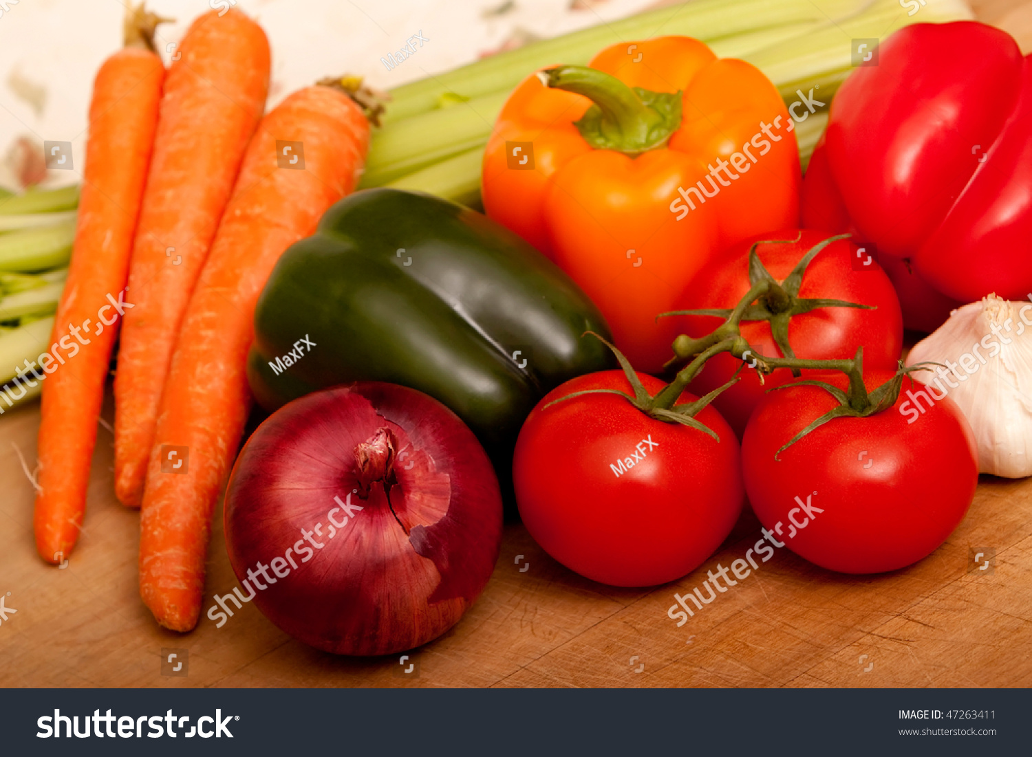 Fresh Tomatoes, Carrots, Onions, Bell Peppers , Celery And Garlic Stock