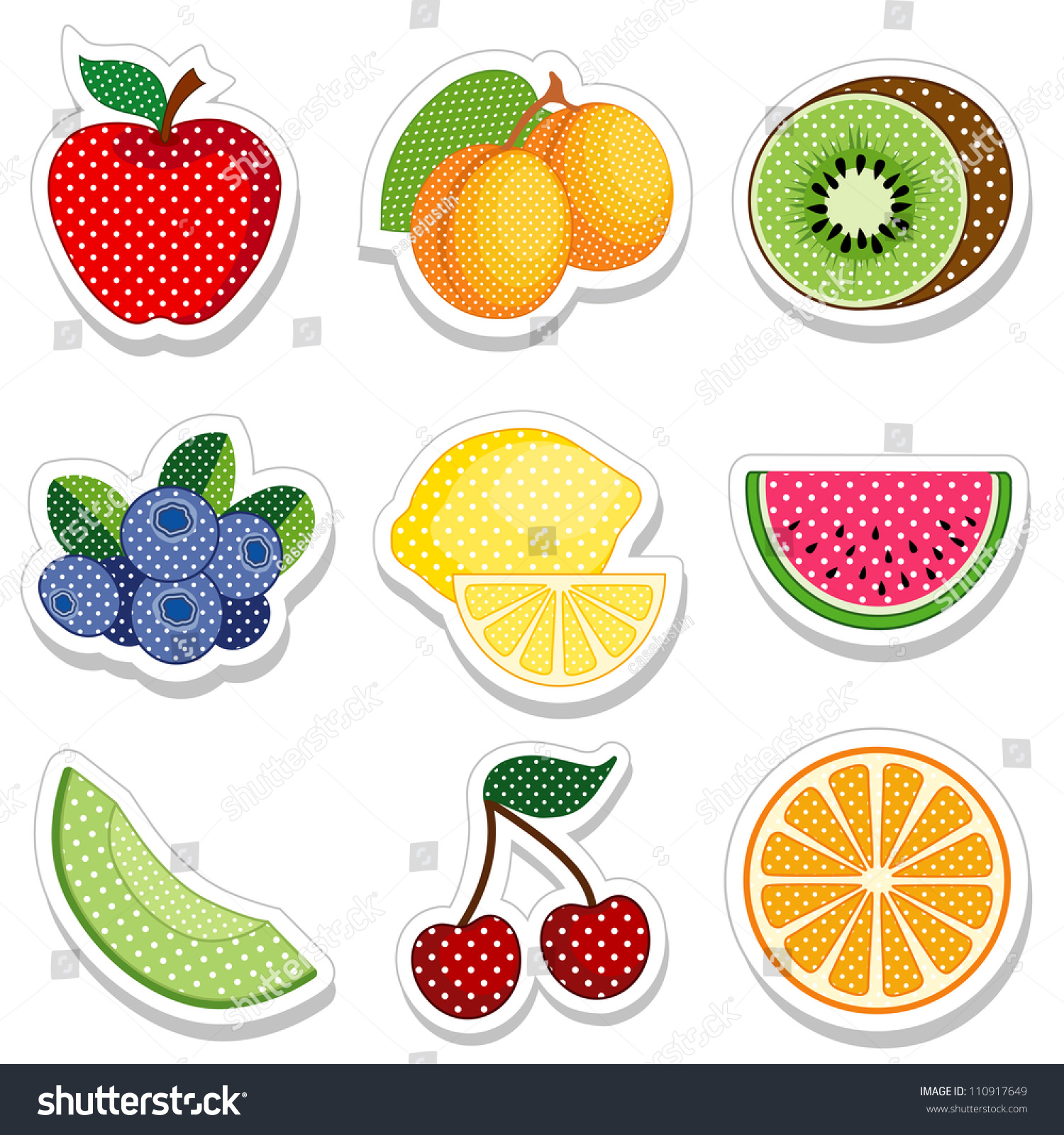 Fruit Stickers Polka Dot Design Apple Apricots Kiwi Blueberry Lemon Watermelon Melon