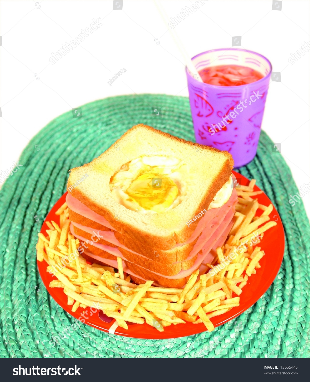 Fun Sandwich For Kids With Fried Egg In A Hole And Ham And Cheese Stock