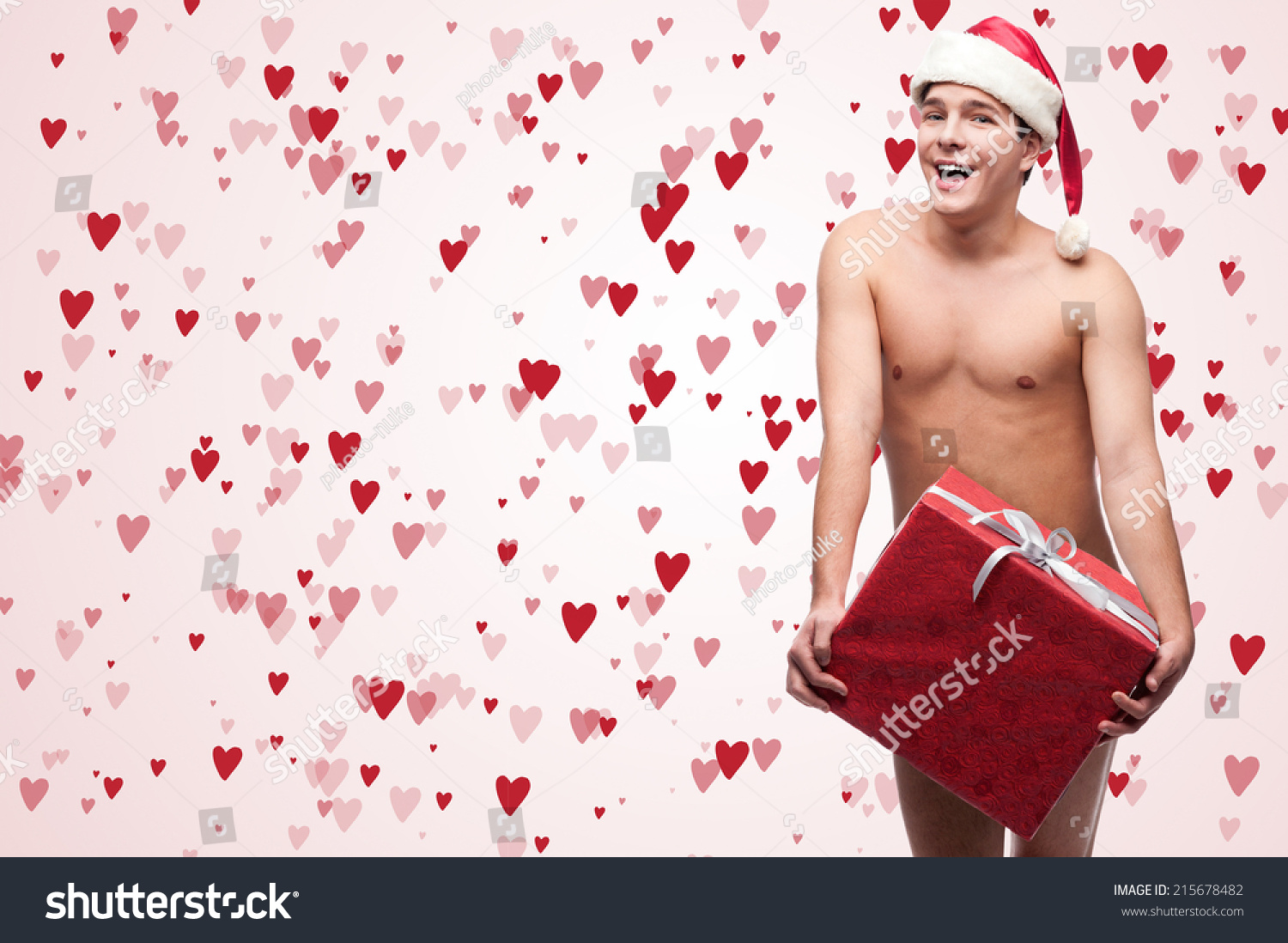 Funny Naked Man Holding Red Gift Stock Photo Edit Now