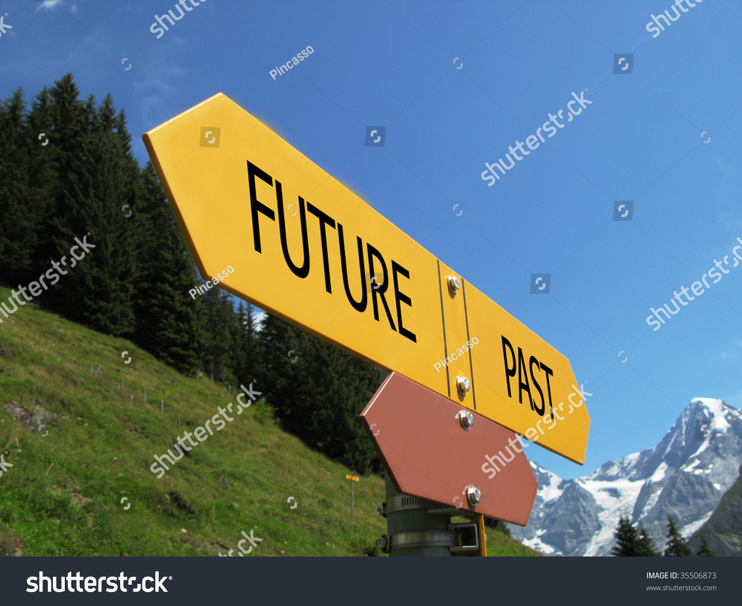 West East Sign Against Alpine Scenery Future Past Sign Against Alpine Scenery Stock Photo