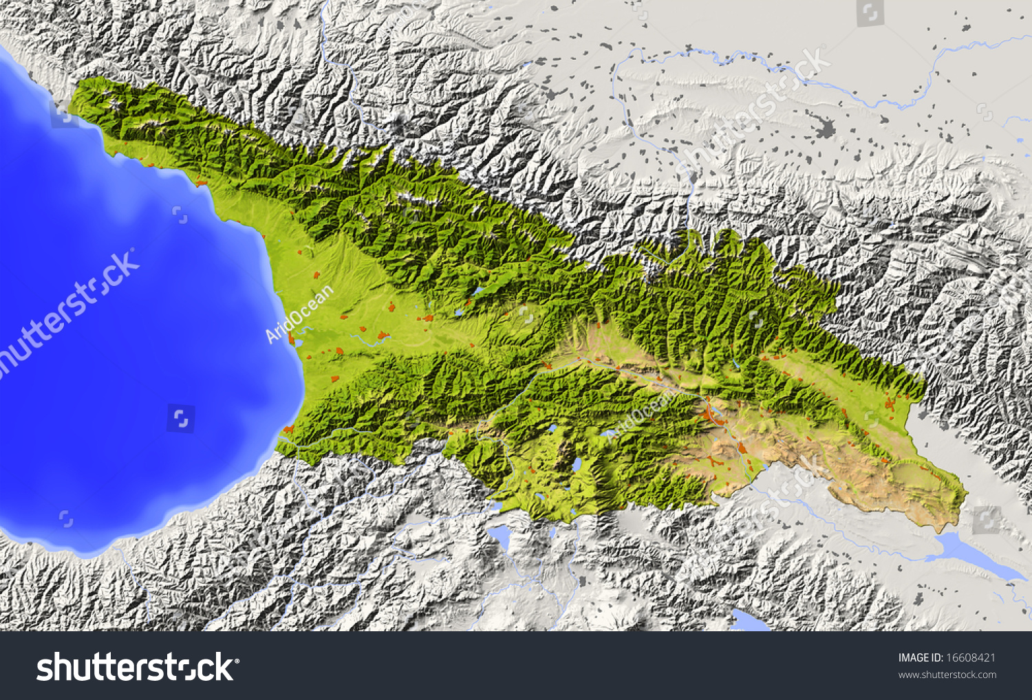 Georgia Caucasian Republic Shaded Relief Map With Major Urban Areas Surrounding Territory