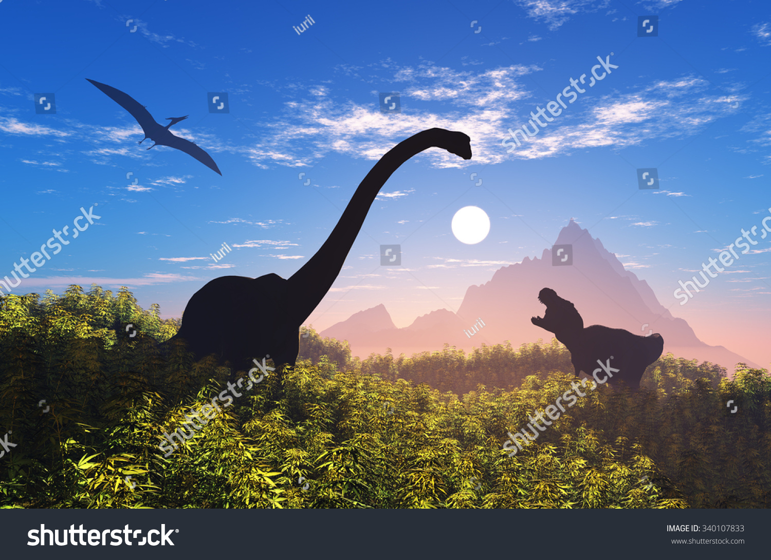 Giant dinosaur in the background of the colorful sky Giant dinosaur in the background of the colorful sky