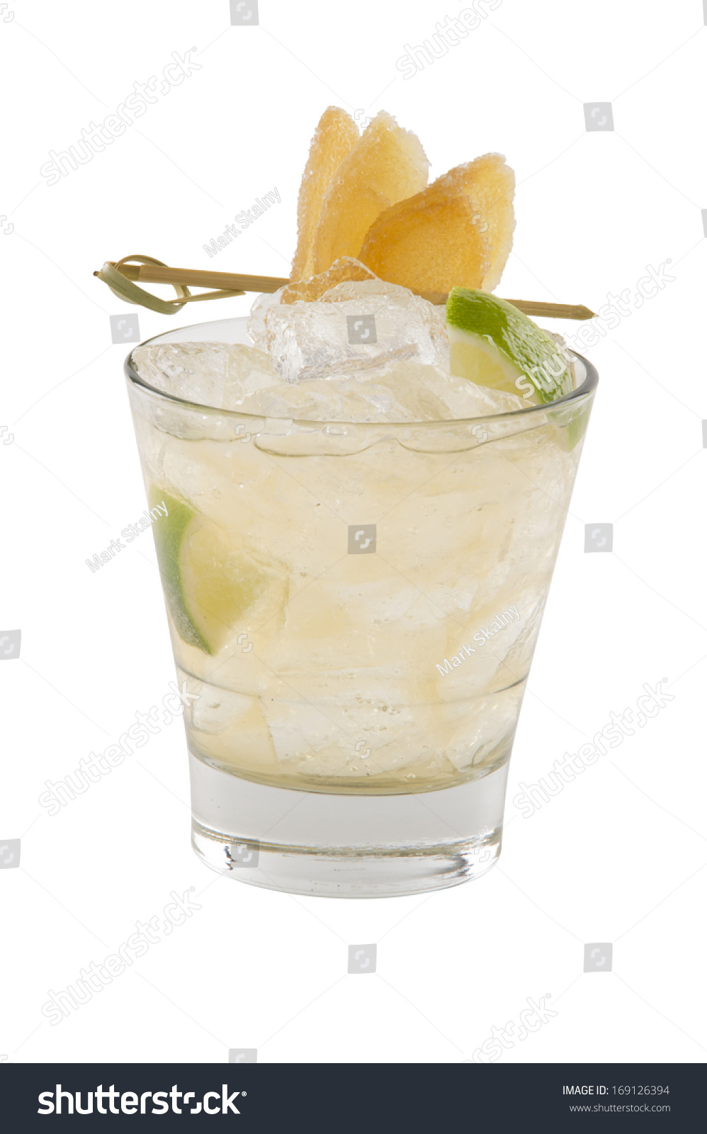 Ginger Sour Cocktail With A Candied Ginger Garnish. Isolated On White