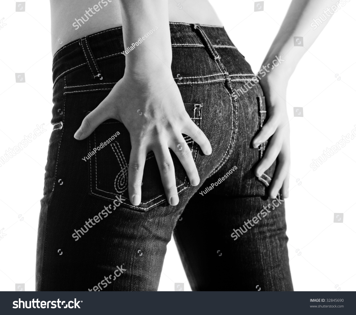 Girl Hands Holding Her Buttocks In Jeans Stock