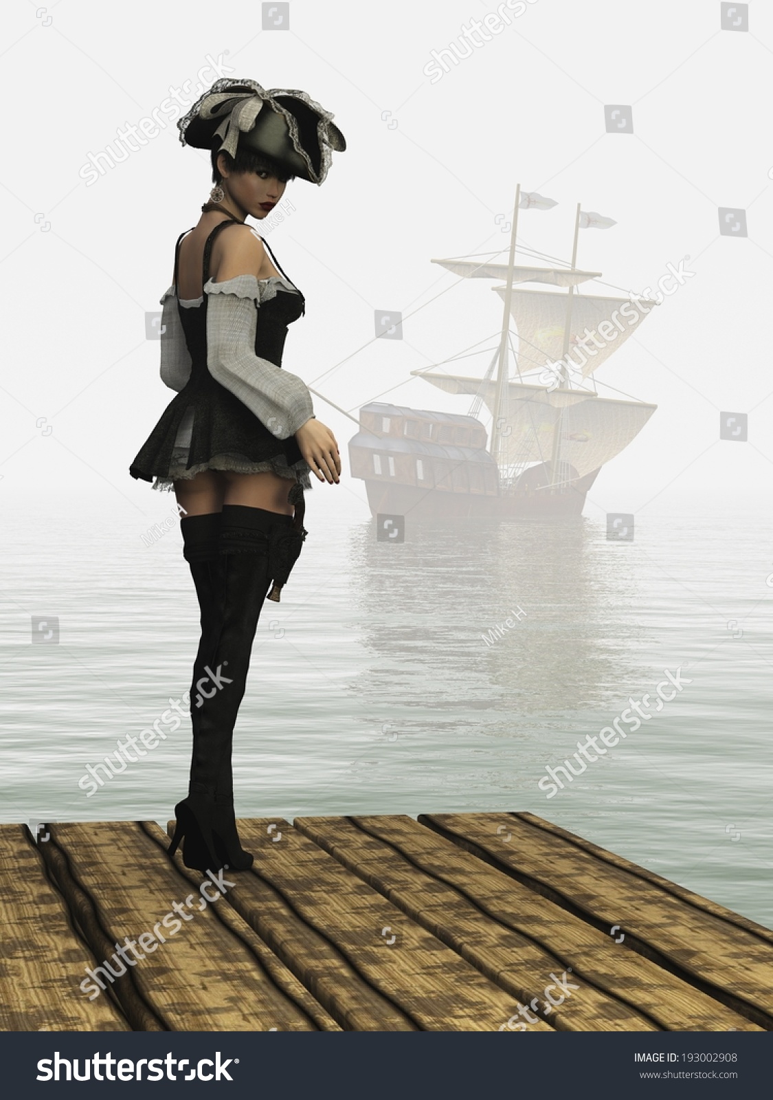 Girl In Sexy Pirate Costume Complete With Hat Thigh High Boots And Holstered Flintlock Pistol