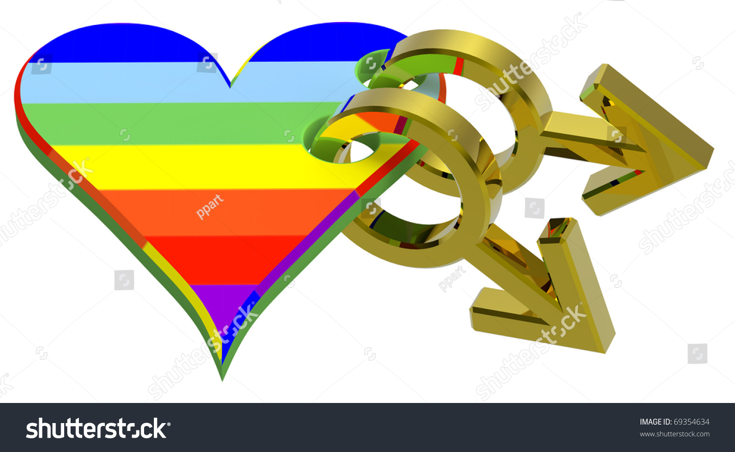 Gold Gay Sex Symbol Linked With Rainbow Heart Computer Generated 3d