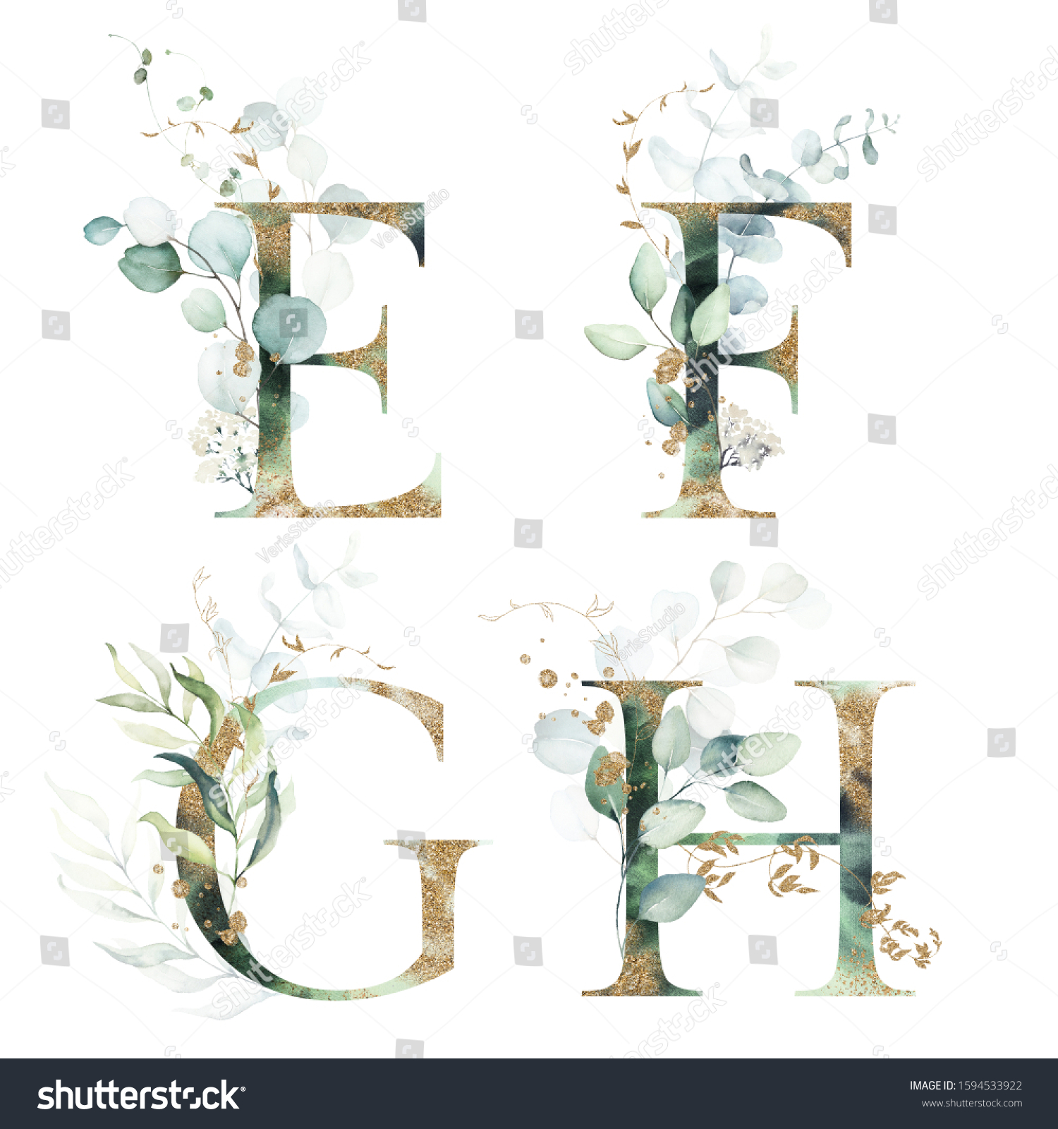 Gold Green Floral Alphabet Set Letters Stock Illustration 1594533922