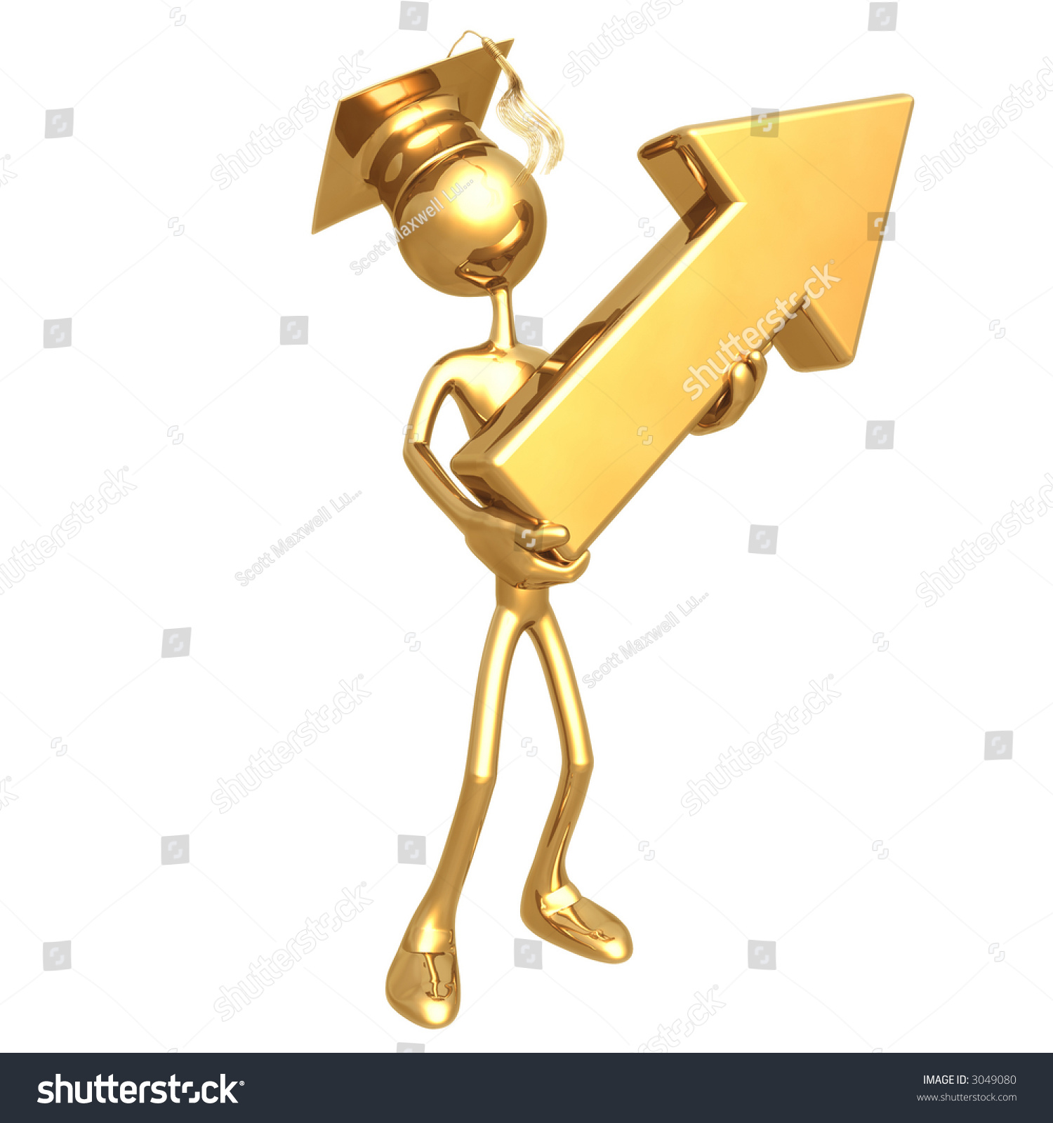 Golden Grad Holding An Arrow Cursor Graduation Concept Stock Photo