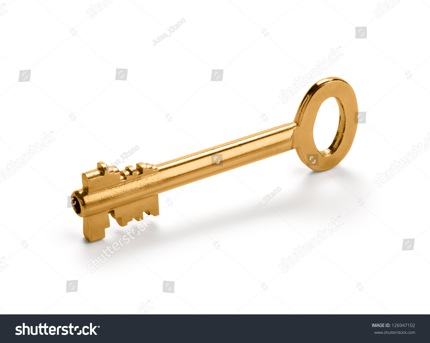 Golden Key With Smooth Shadow, Isolated Over White Background. Clipping