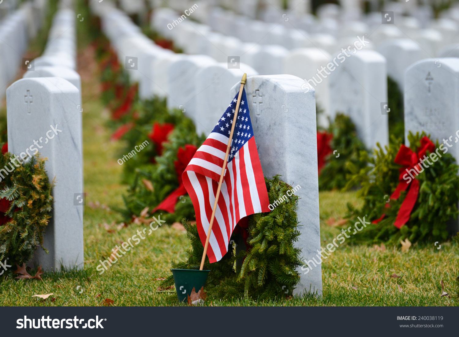 Gravestones With Christmas Wreaths In Arlington National Cemetery