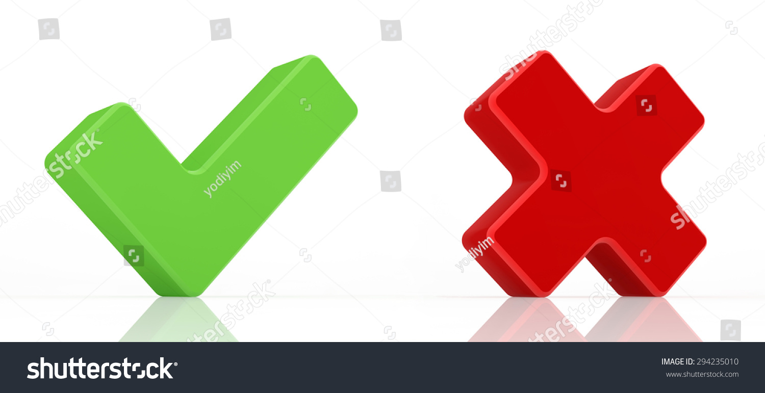 Green Check Mark And Red X Mark, Isolated White Background. Stock Photo