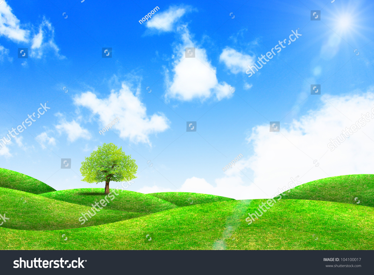 Green Grass And Tree With Bright Blue Sky Stock Photo 104100017 