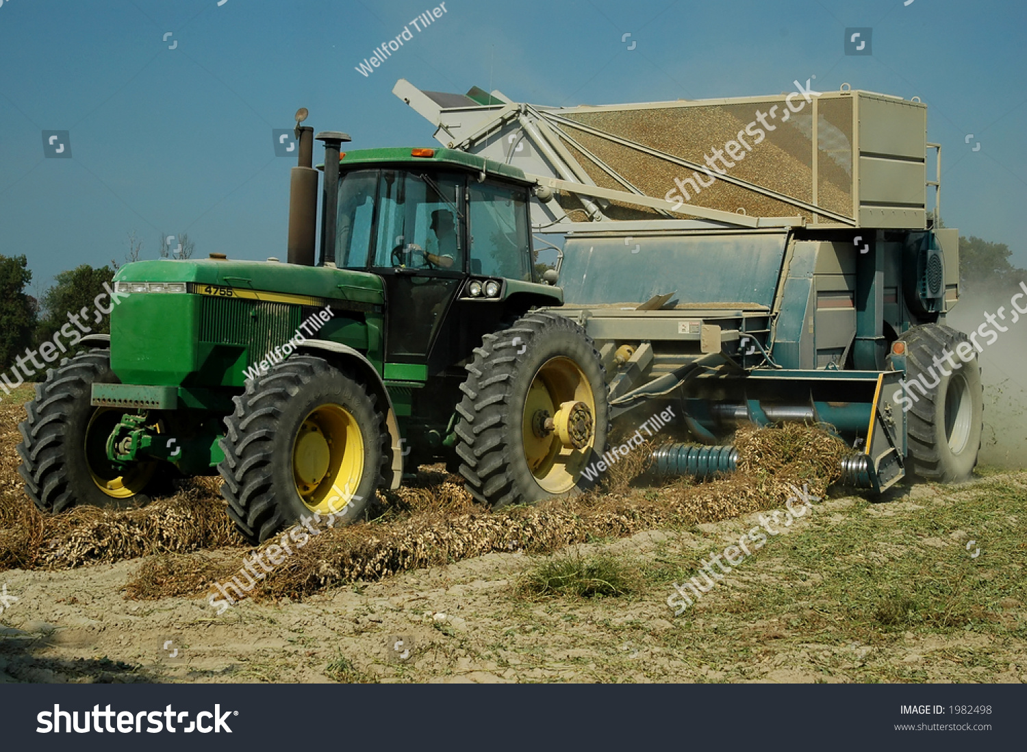 Green Tractor Pulling A Combine That Is Harvesting Peanuts Stock Photo