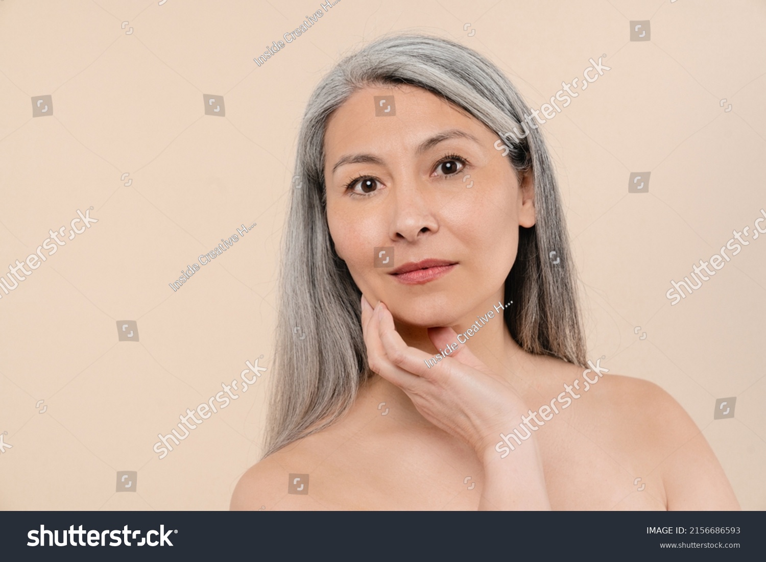 Greyhaired Mature Middleaged Naked Shirtless Woman Stock Photo