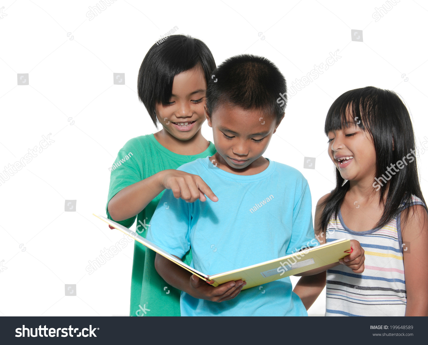 Group Children Reading Book Standing On Stock Photo 199648589