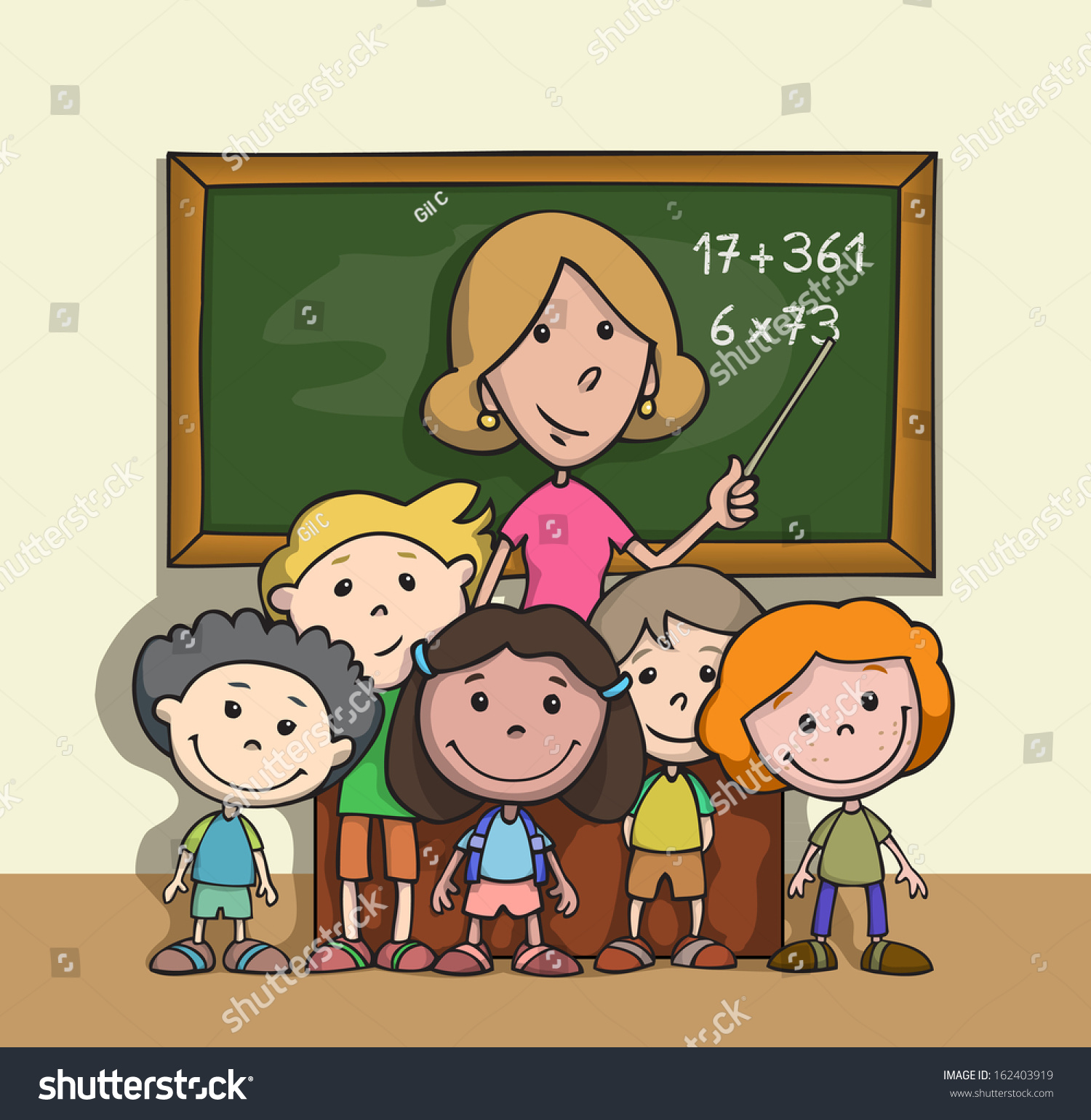 stock photo group of happy children at school classroom with teacher cartoon 162403919