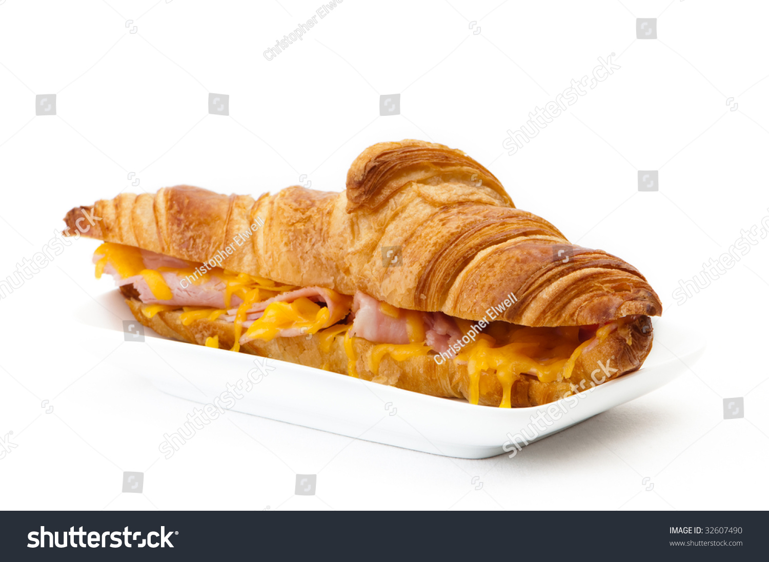 Ham Melted Cheddar Cheese Croissant On White Background Stock Photo