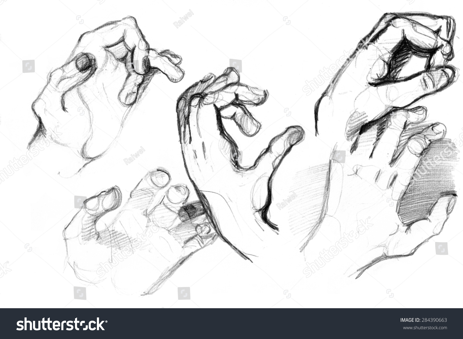 Hand Collection, Original Drawing,Pencil Technique. Stock Photo