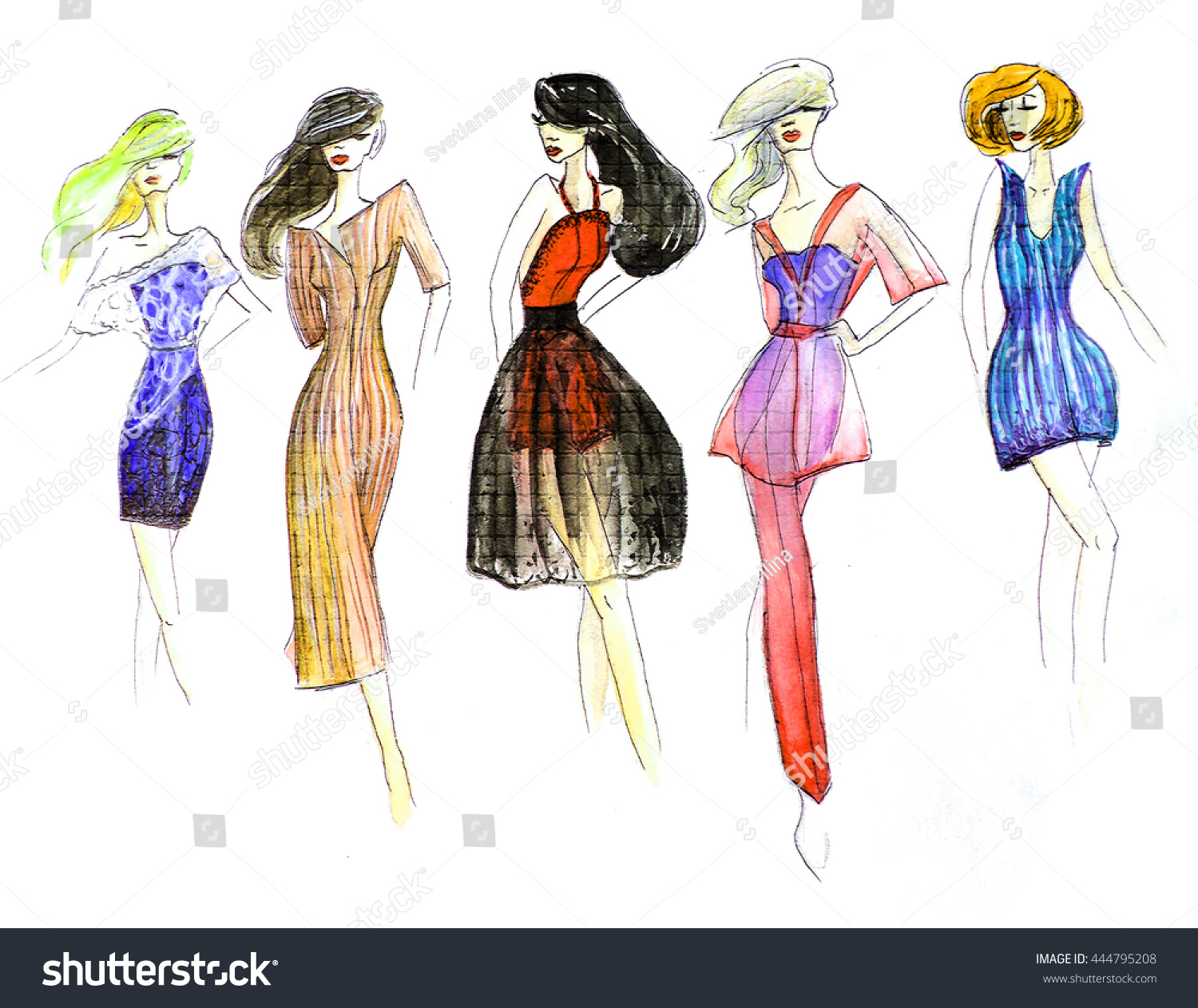 Hand Drawn Watercolor Fashion Sketches Abstract Stock Illustration