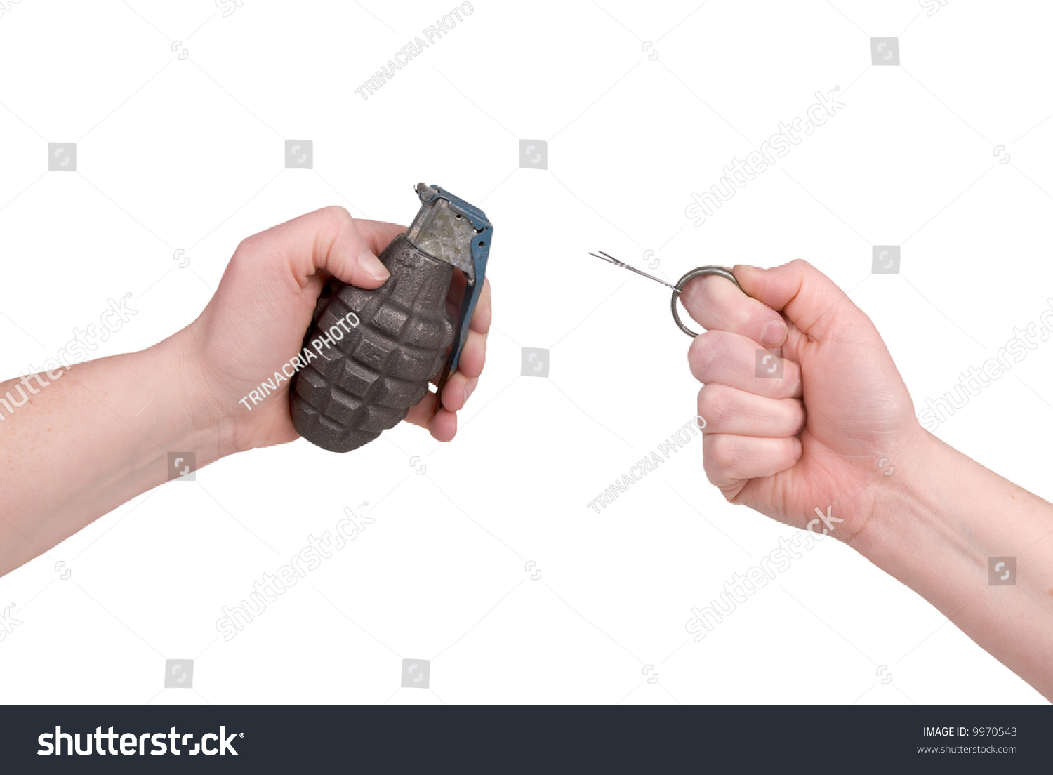 Hand Grenade In A Woman S Hand With The Pin Pulled Isolated Over A White Background Stock Photo