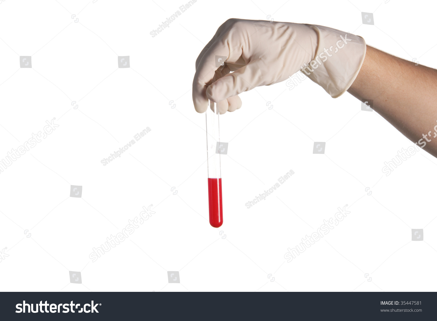 Hand In A Rubber Glove Holds A Test Tube With A Liquid Stock Photo