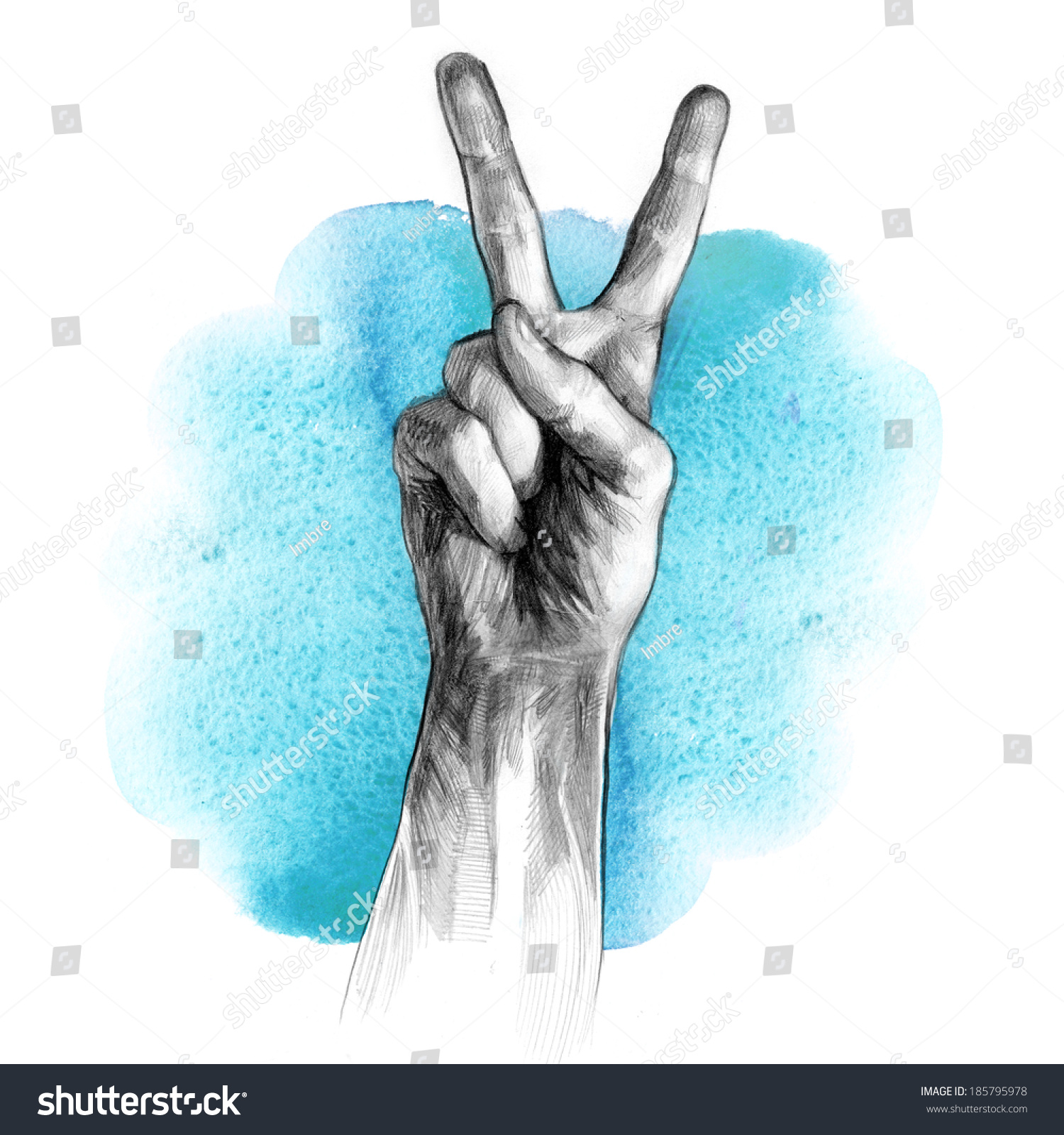 Hand With Victory Sign, Pencil Drawing And Watercolor Stock Photo