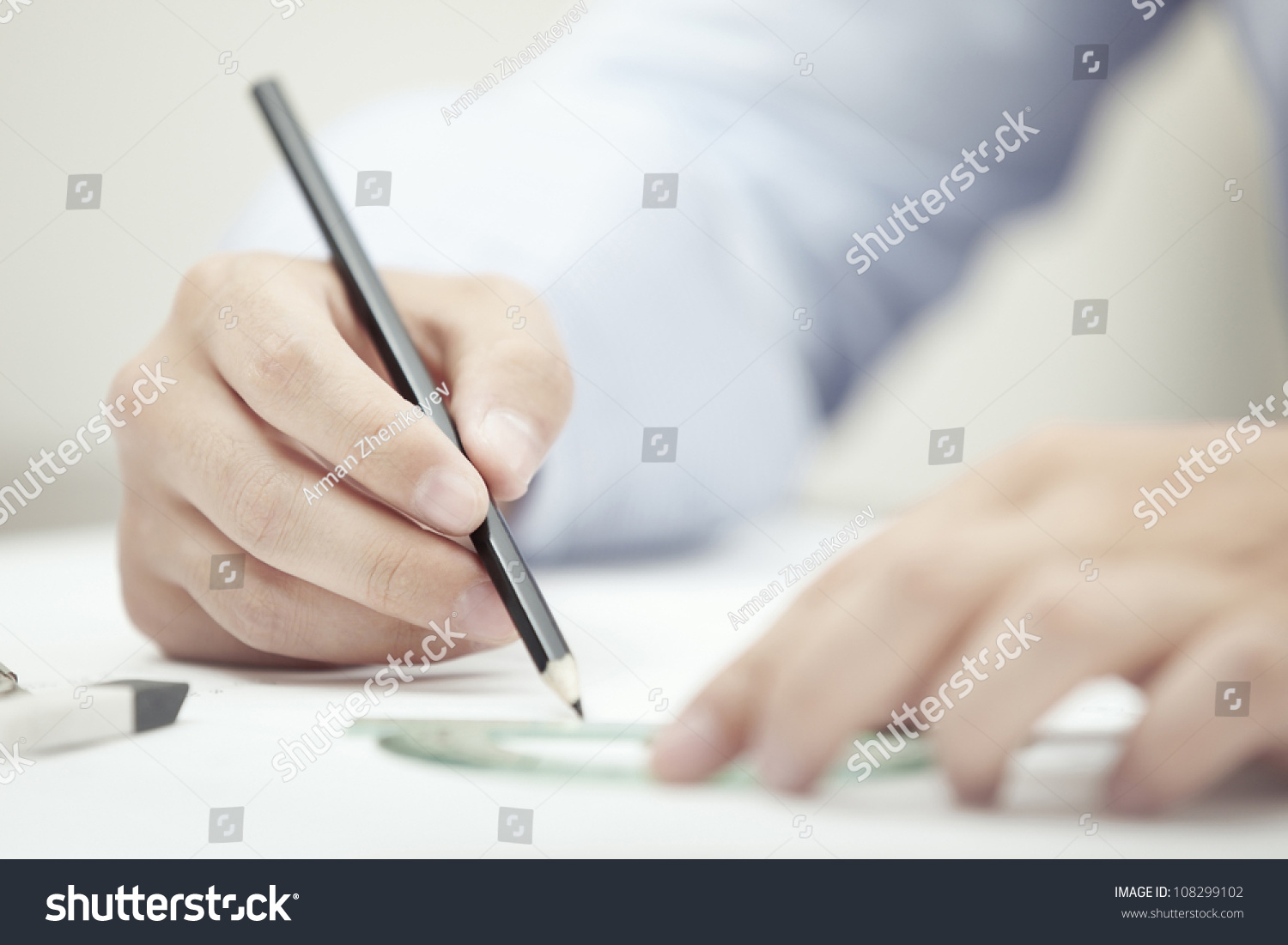 Hands Of Engineer Drawing By Pencil Stock Photo 108299102