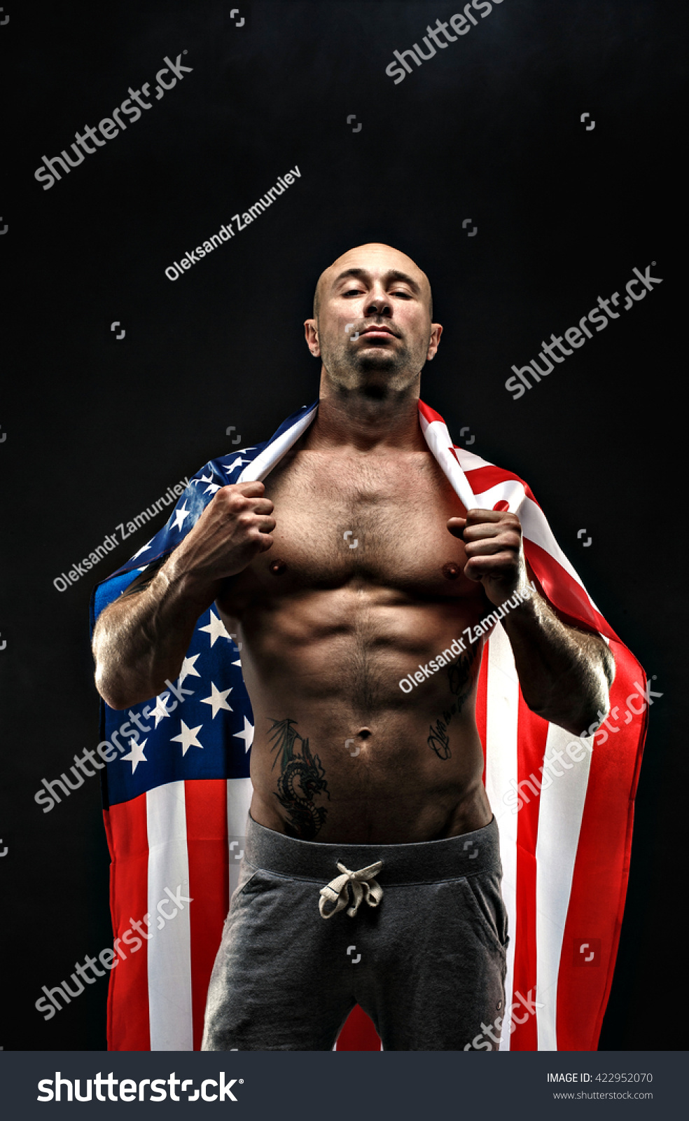 Handsome Bald Topless Man American Flag Stock Photo 422952070