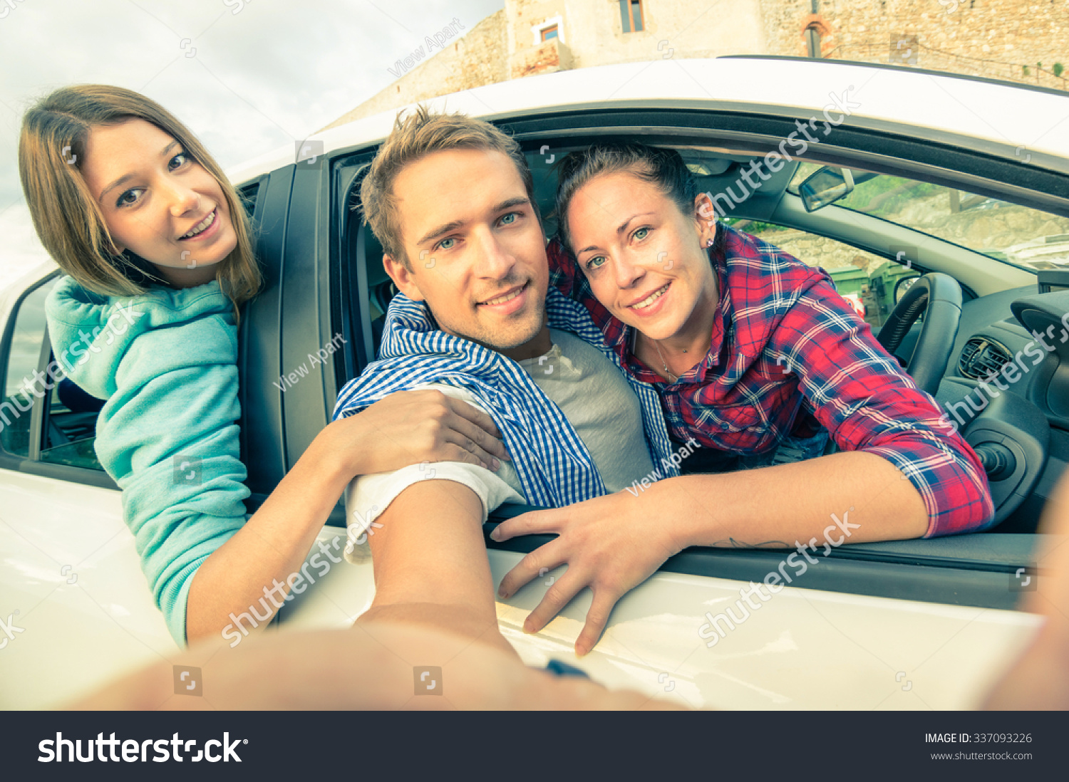 Handsome Guy Having Fun With Girlfriends Best Friends Taking Self