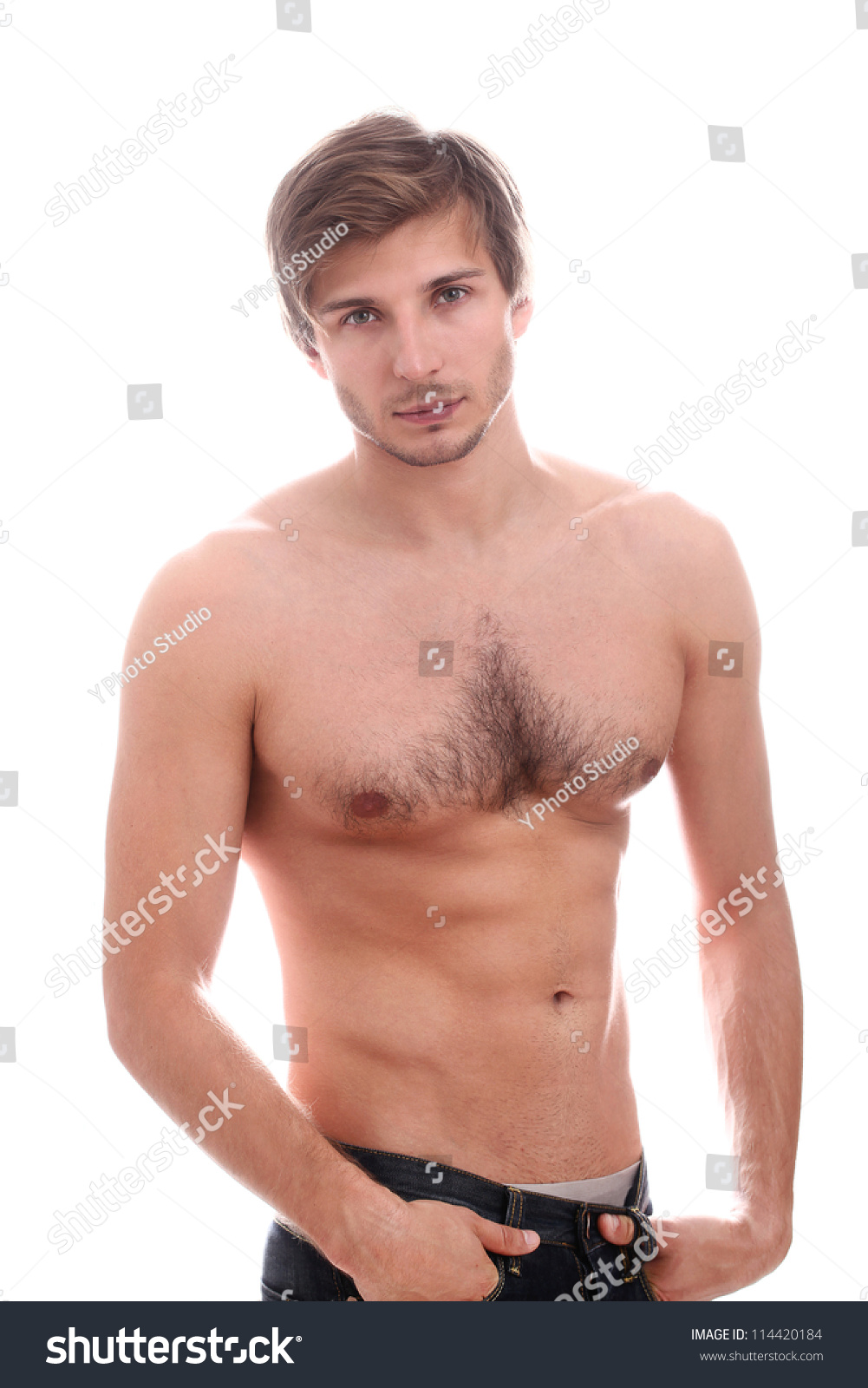 Handsome Guy With Naked Torso Over White Background Stock Photo