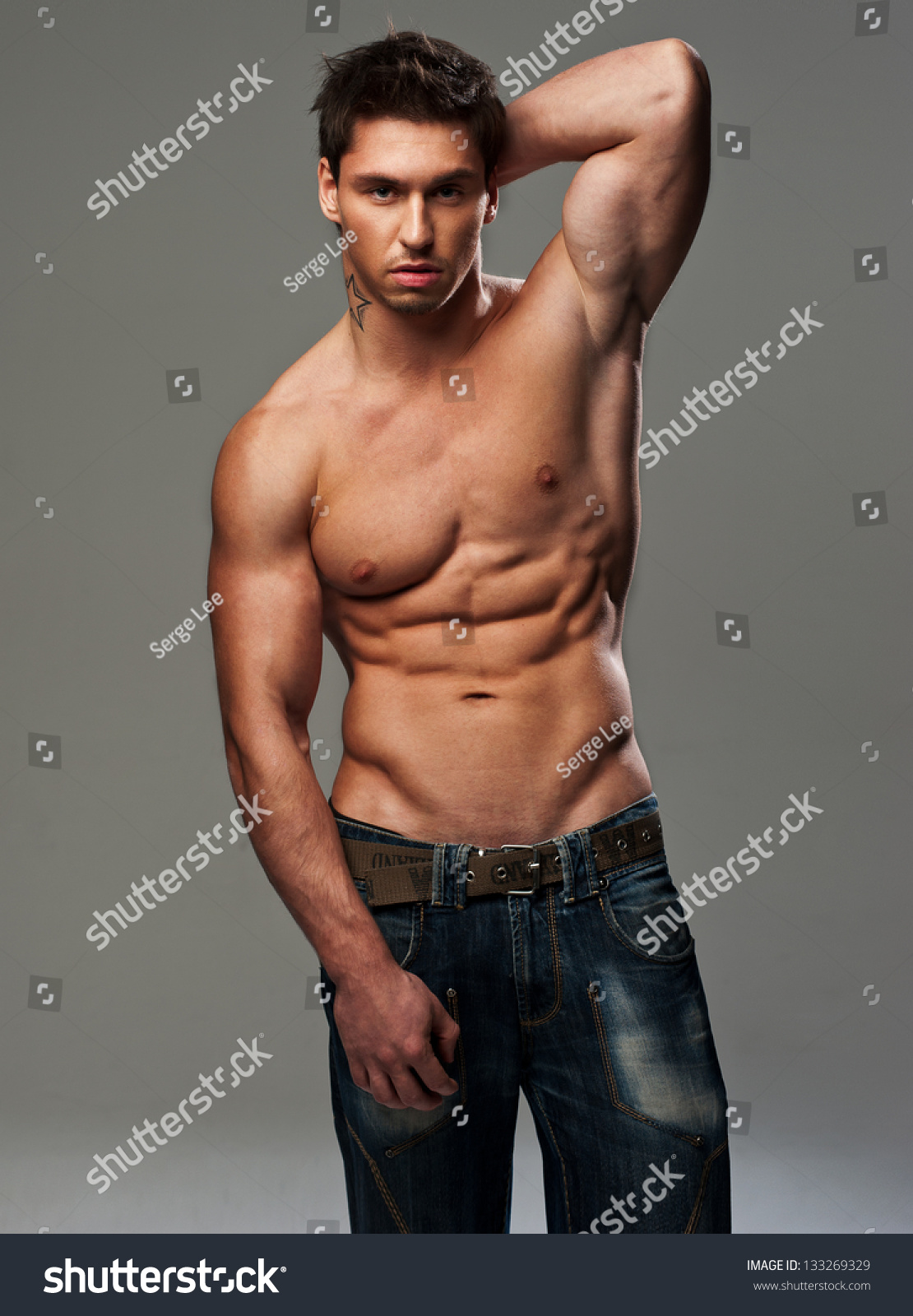 Handsome Shirtless Man Hands Behind His Stock Photo Shutterstock