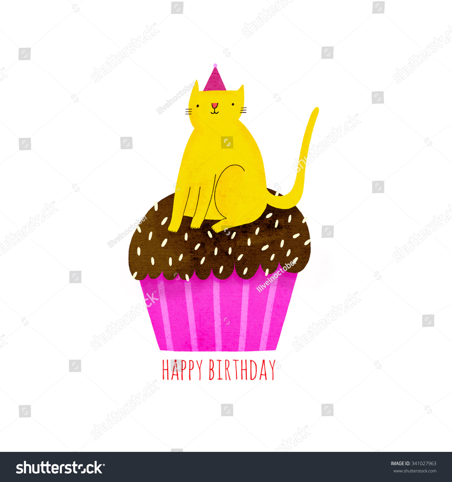 Happy Birthday Illustration Cupcake Cat Funny Stock Illustration