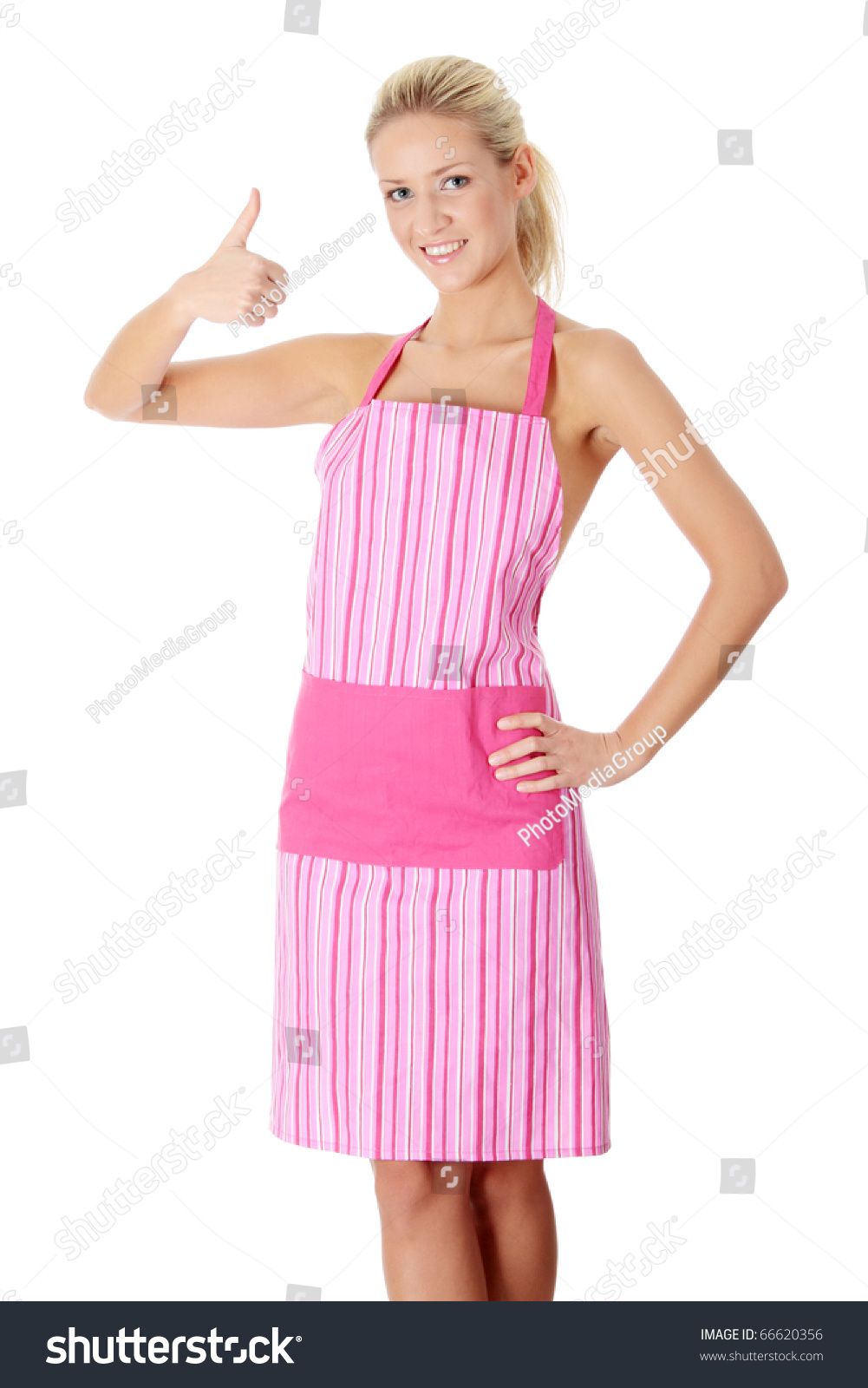 Happy Blond Nude Woman In Pink Apron Isolated On White