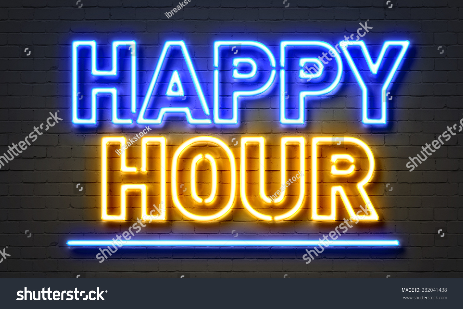 Happy Hour Neon Sign On Brick Wall Background Stock Photo