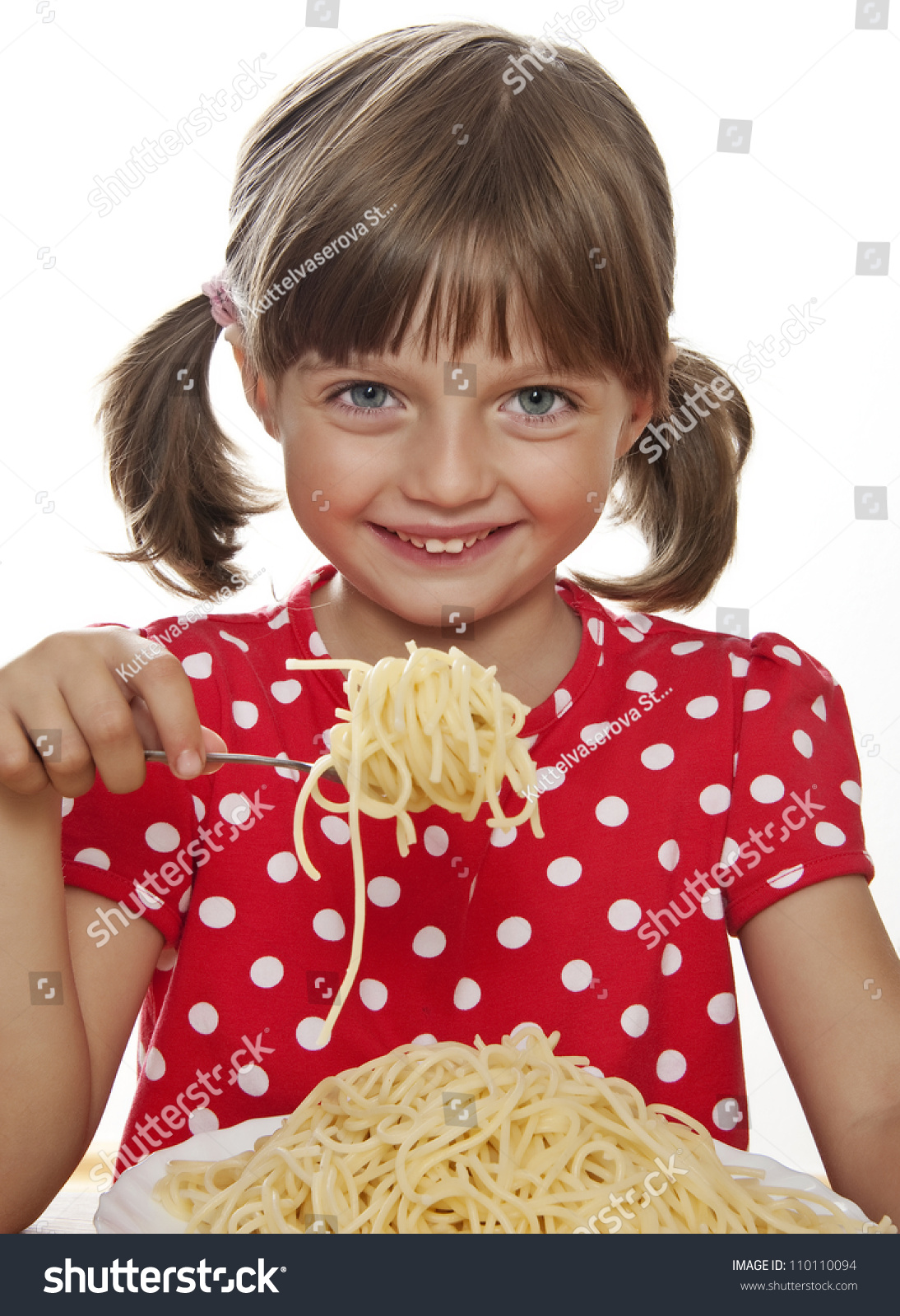 Happy Little Girl Eating Spaghetti White Background Stock Photo