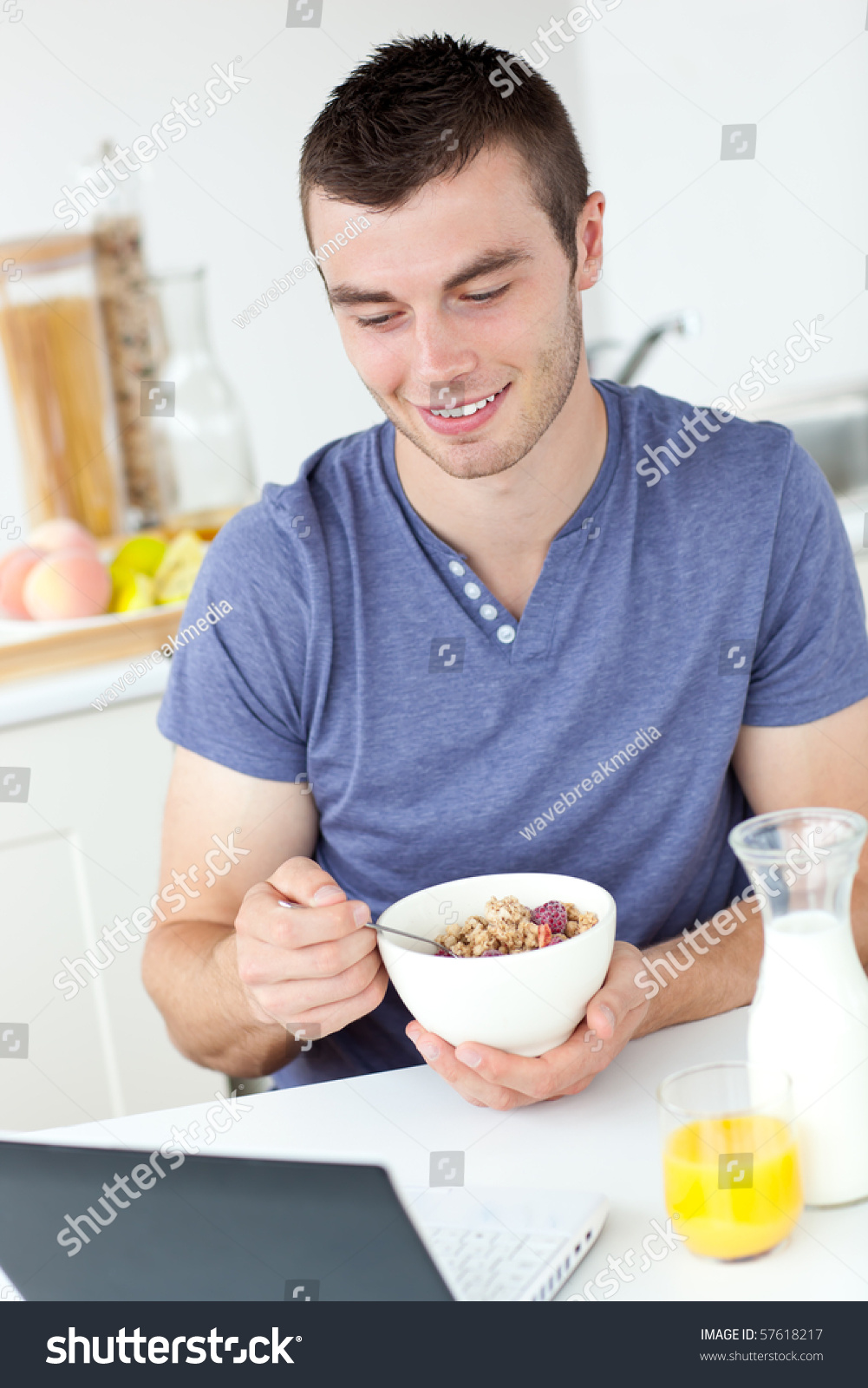 Happy Man Having Breakfast Kitchen Stock Photo 57618217 Shutterstock