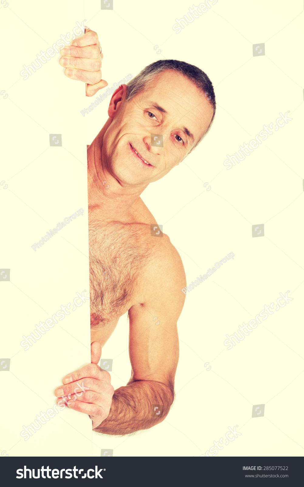 Happy Mature Shirtless Man Holding Empty Shutterstock