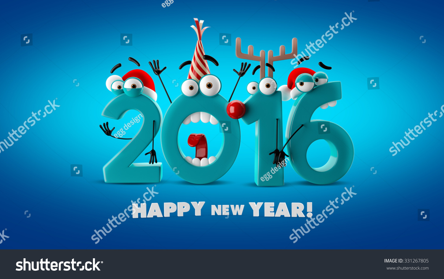 Happy New Year 2016, 3d Render Crazy Greeting Card, Funny Number