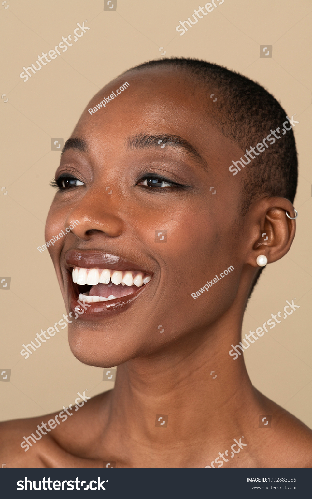 Happy Nude Black Woman Against Beige Stock Photo Edit Now 1992883256