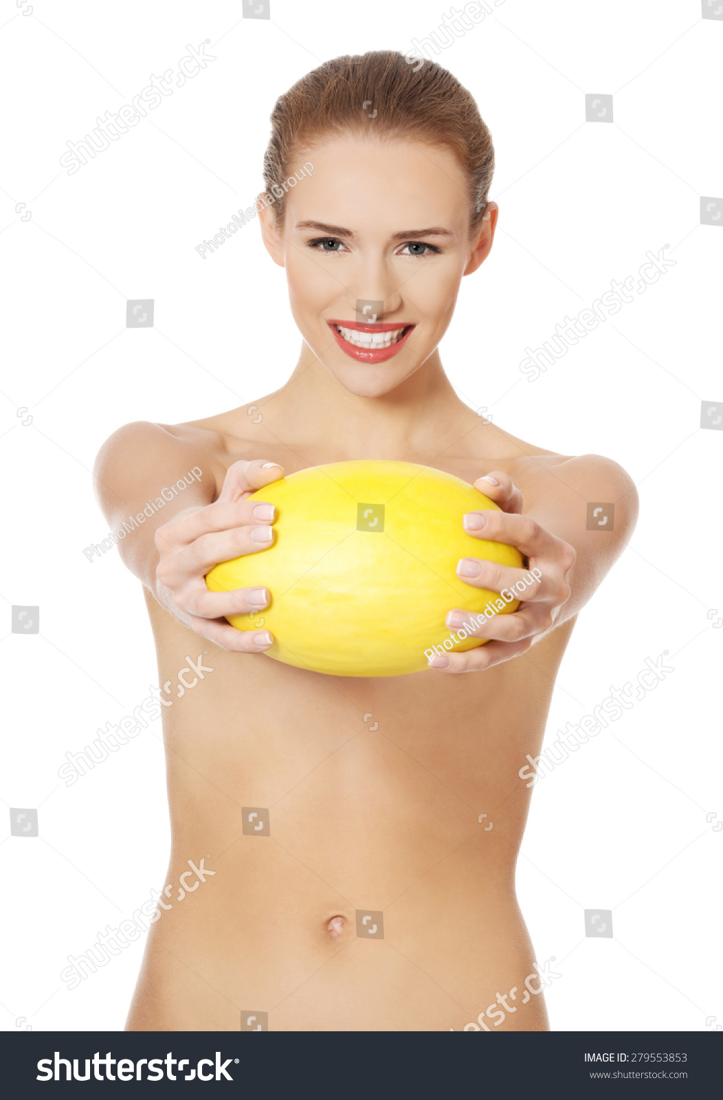 Happy Nude Woman Holding Yellow Mango Stock Photo 279553853 Shutterstock