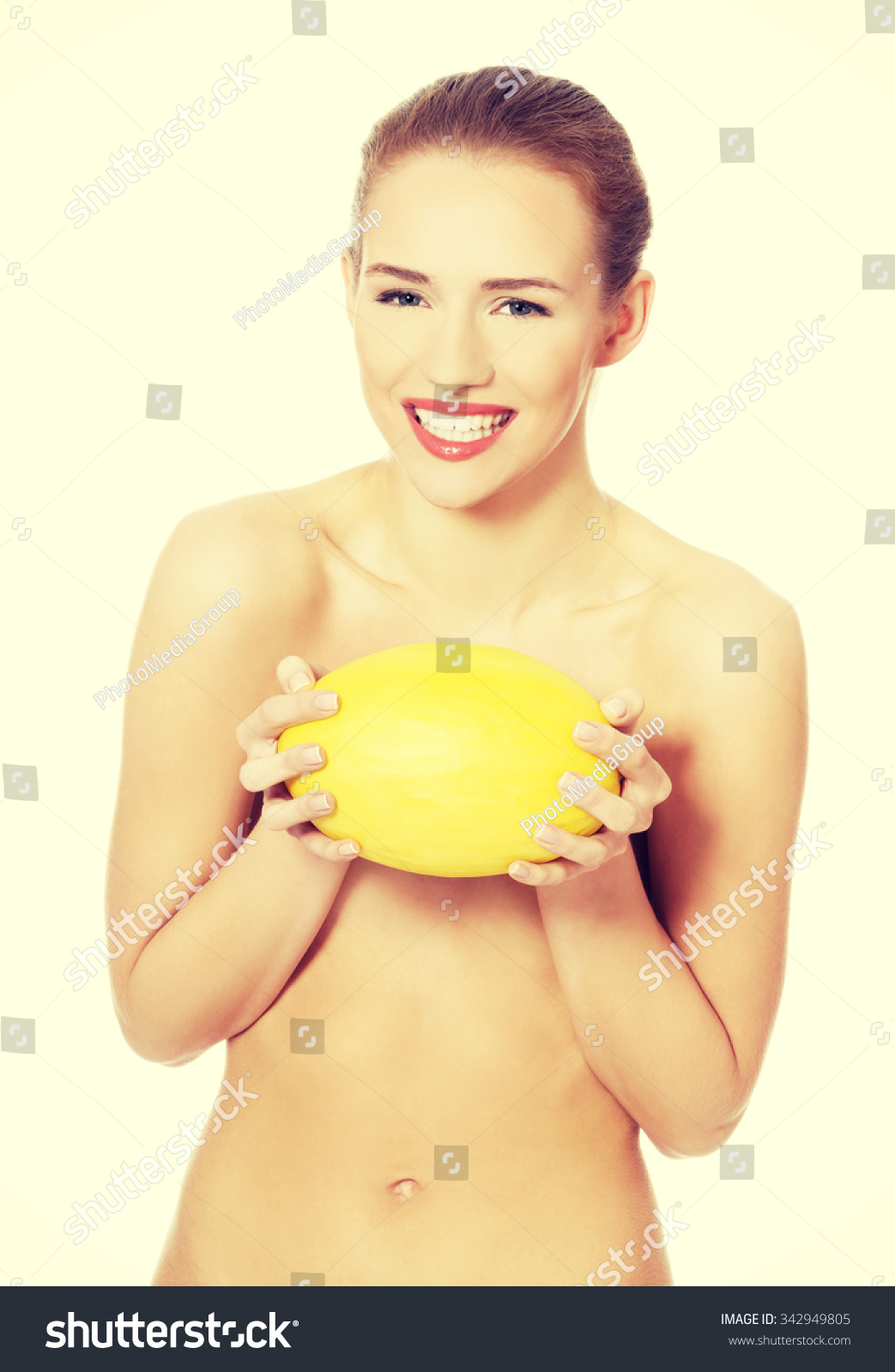 Happy Nude Woman Holding Yellow Mango Stock Photo 342949805 Shutterstock