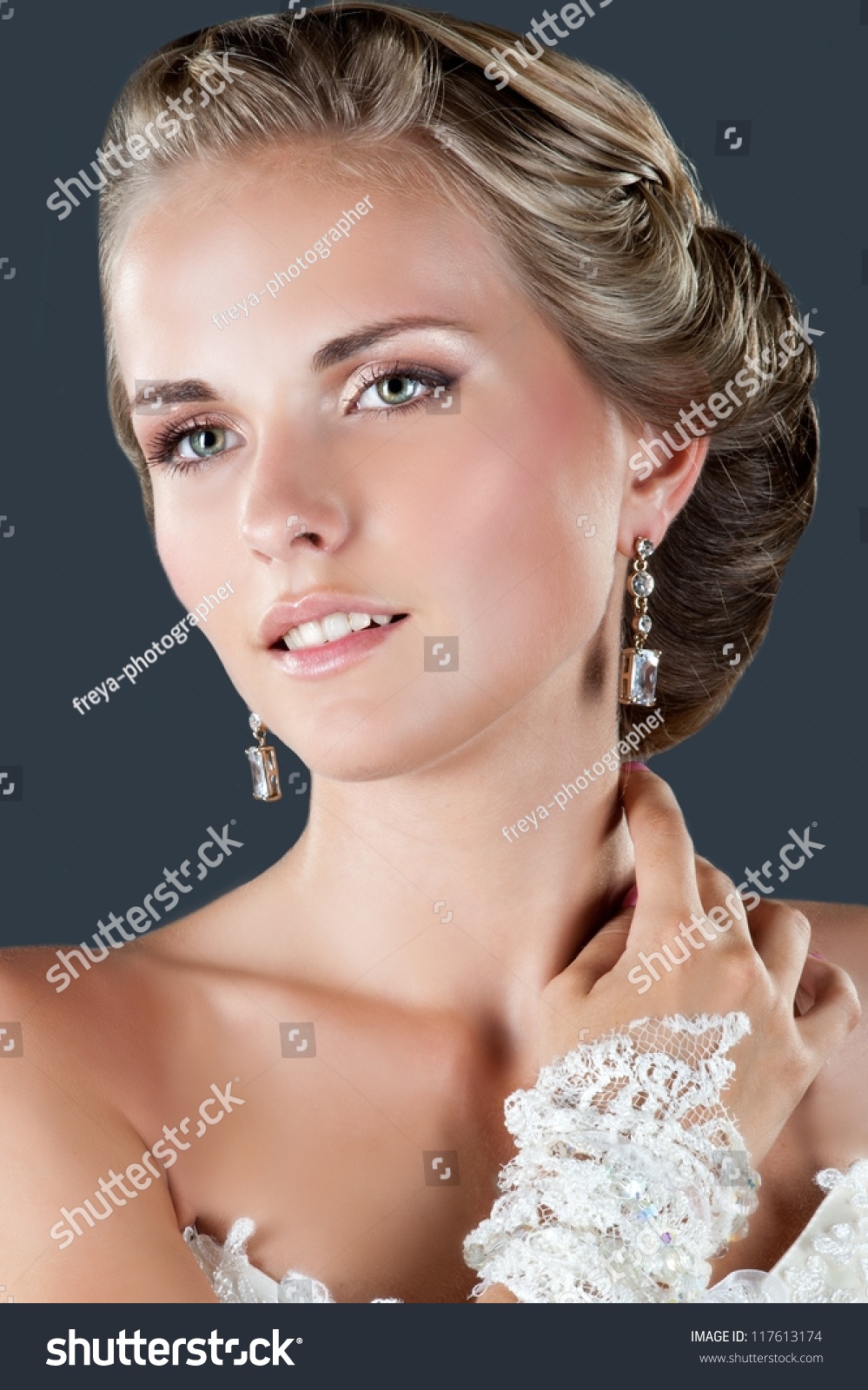 Happy Sexy Beautiful Bride Blond Girl In White Wedding Dress With Hairstyle And Bright Makeup 7702