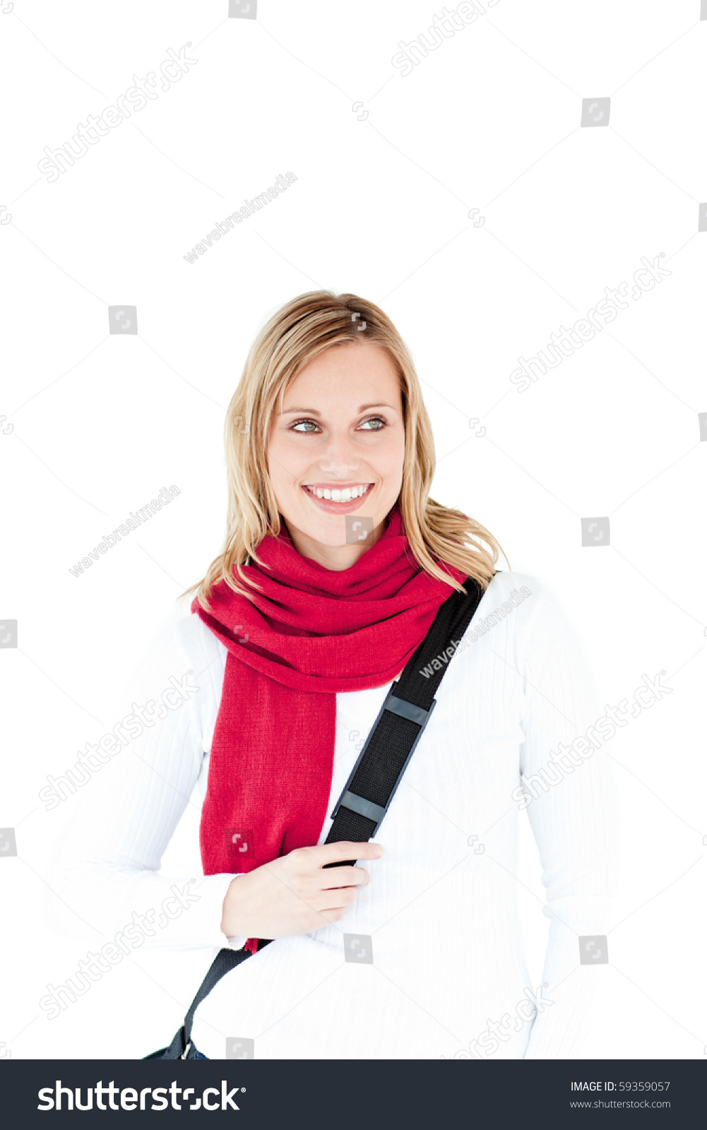 Happy Woman Wearing Red Scarf Smiling At The Camera Against White