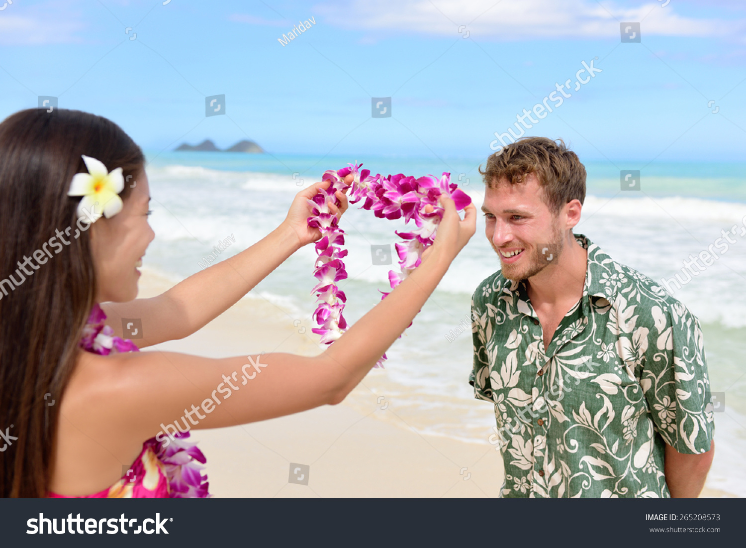 Hawaii Woman Giving Lei Garland Of Pink Orchids Welcoming Tourist On Hawaiian Beach Portrait Of