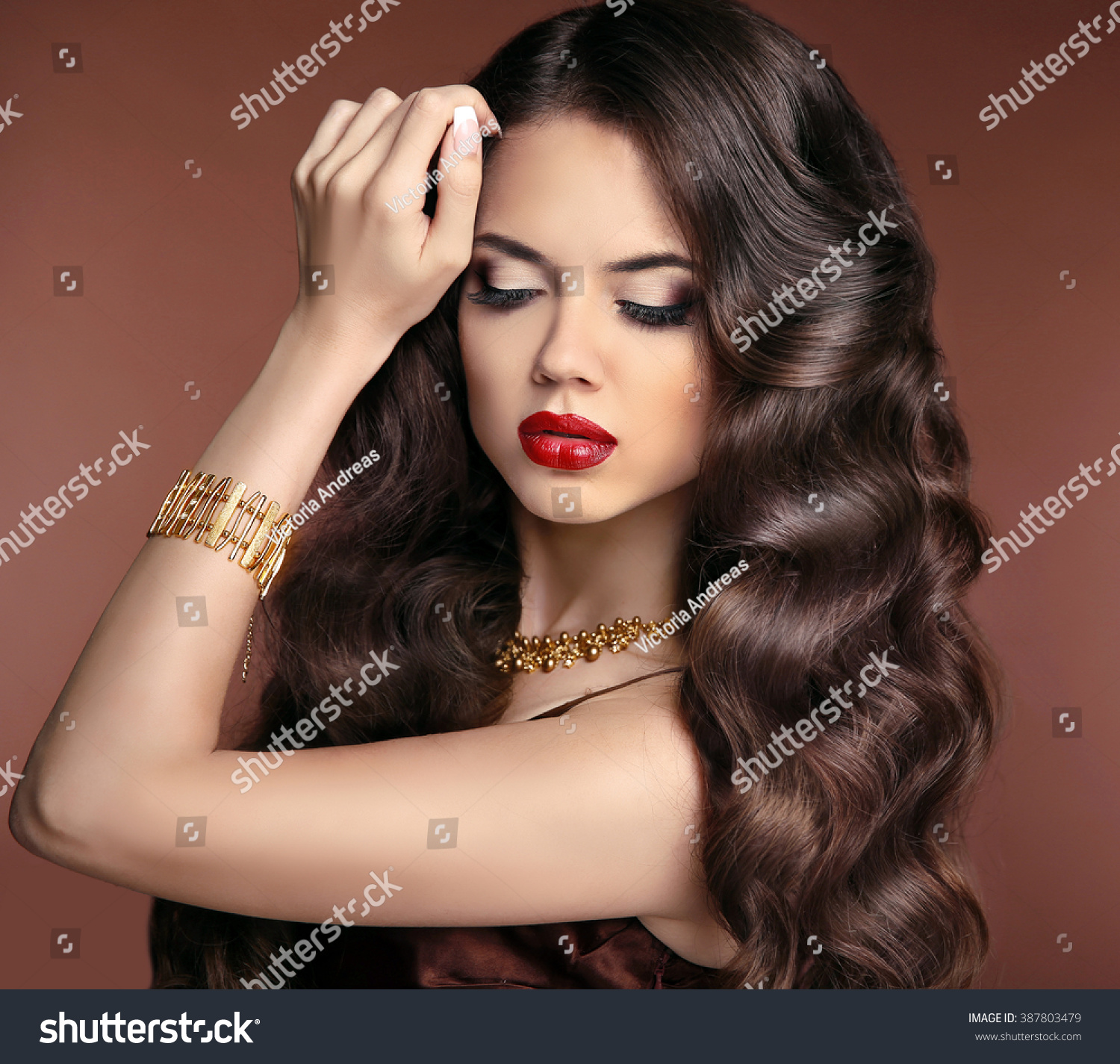 Healthy Hair Makeup Beautiful Brunette Girl With Long Wavy Hairstyle Red Lips Elegant Lady 