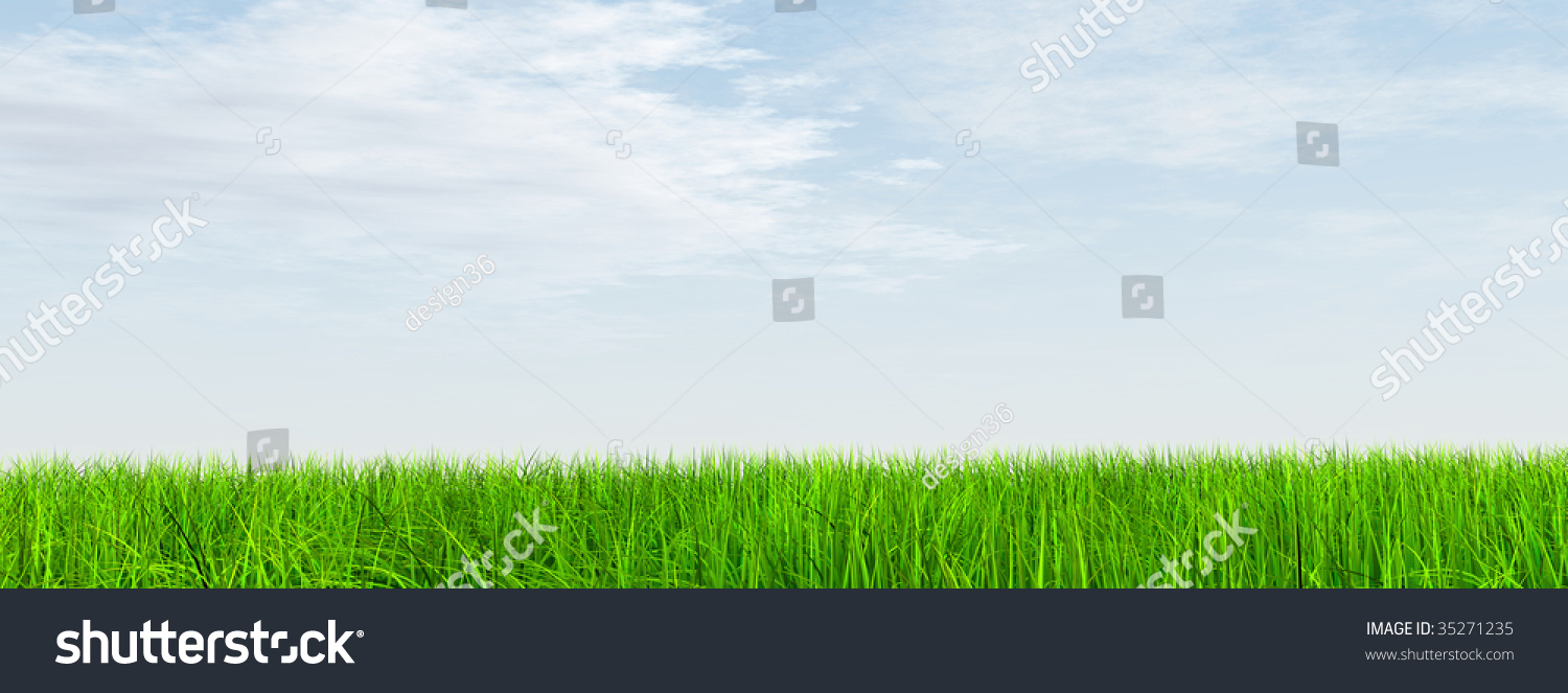 High Resolution 3d Green Grass Over A Blue Sky Banner With White Clouds